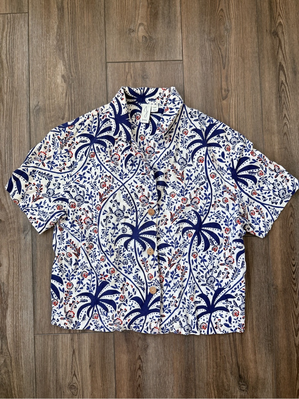 Joie Linen Blend White Shirt with Blue Palm & Red Floral Print